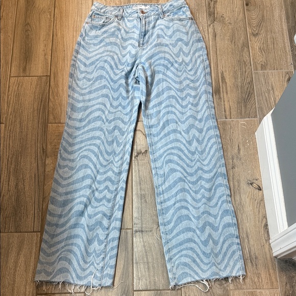 Garage Denim Jambe wide leg highrise jeans wavy pattern Frayed hem Retro SZ 9/29 - Picture 3 of 9